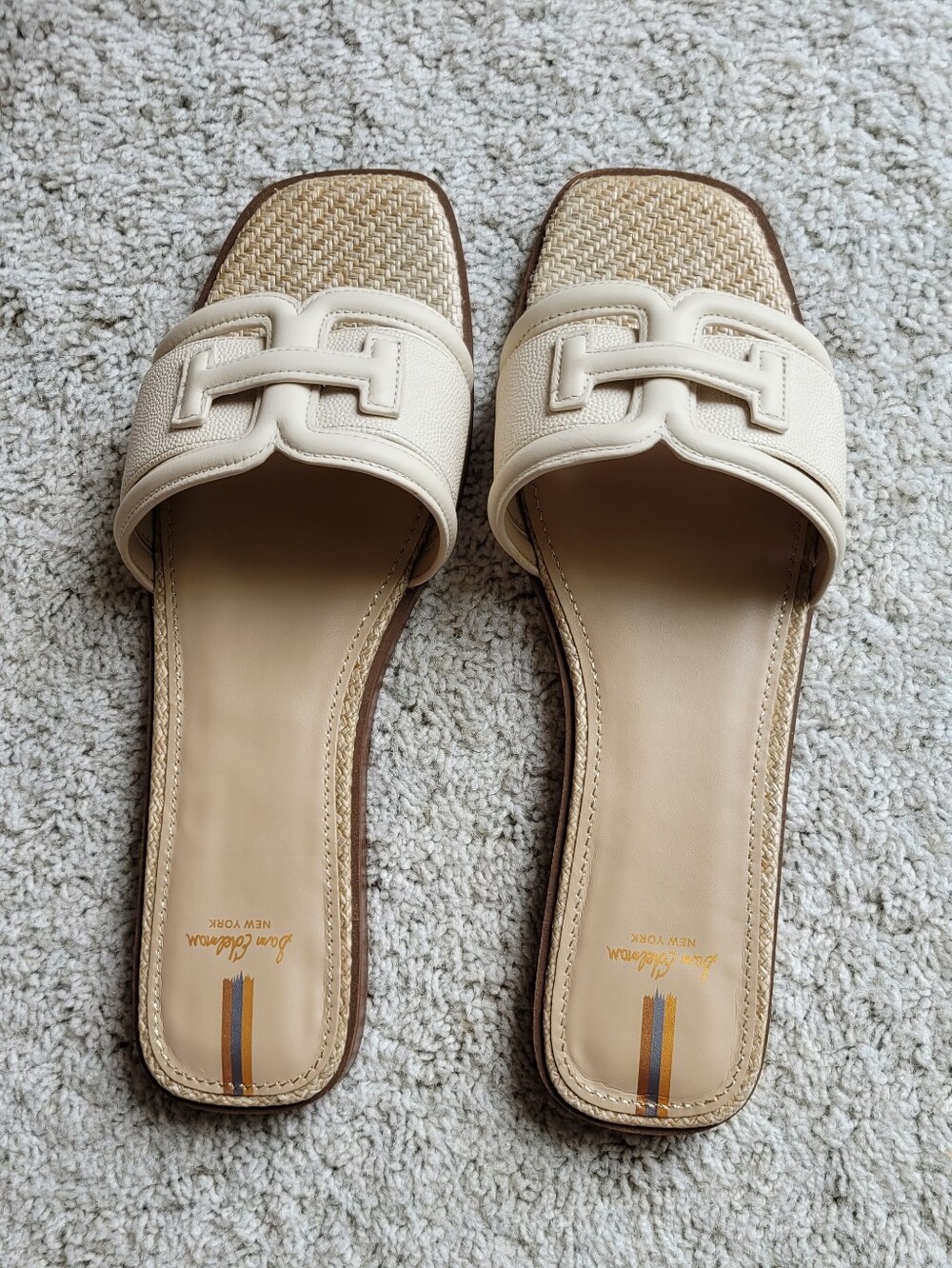 Cream Leather Sandals Natural Woven Toe Detail & Metallic Stitching 10 1/2 - Picture 2 of 5